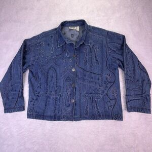Vintage Chico‎ Design Denim Jacket Embroidered Art 100% Cotton Buttons Pockets